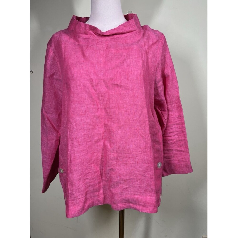 APNY Women's Size M Pink Mock Neck Popover Linen Lagenlook Boxy Blouse Bohemian